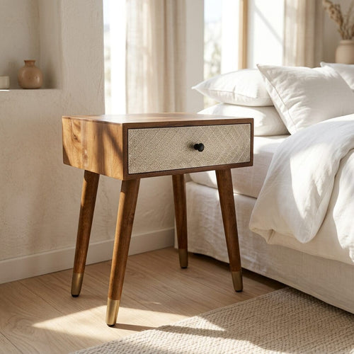 Hand Crafted Solid Wood Side Table with Metal Embossed Drawer image 0