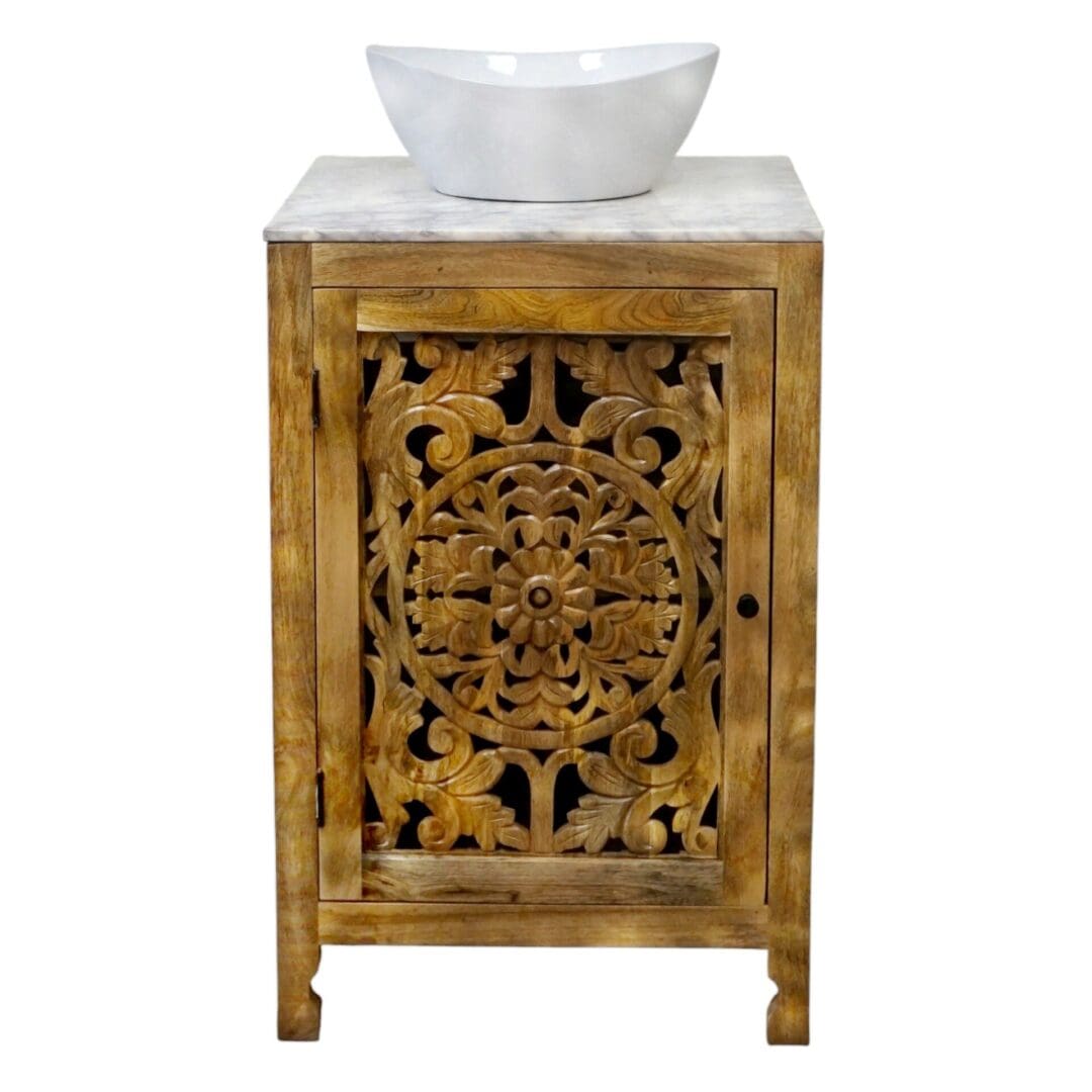 Hand-carved 24" Vanity Stunning Natural Wood - Vanity with Marble Top and Basin image