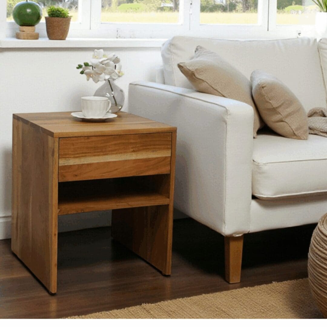 Natural Wood Side Table with 1 Drawer image 1