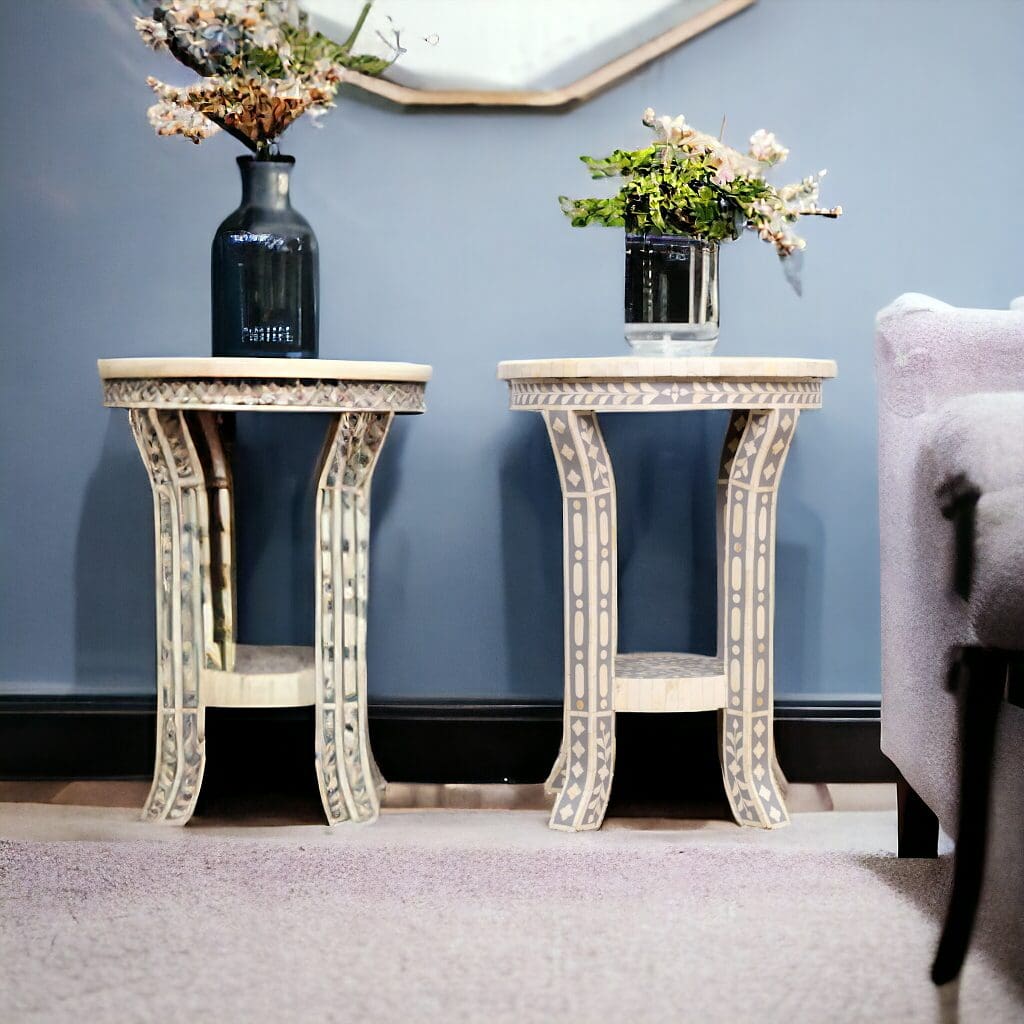 Gray and White Side Table Hand-Crafted Bone Inlay image 8