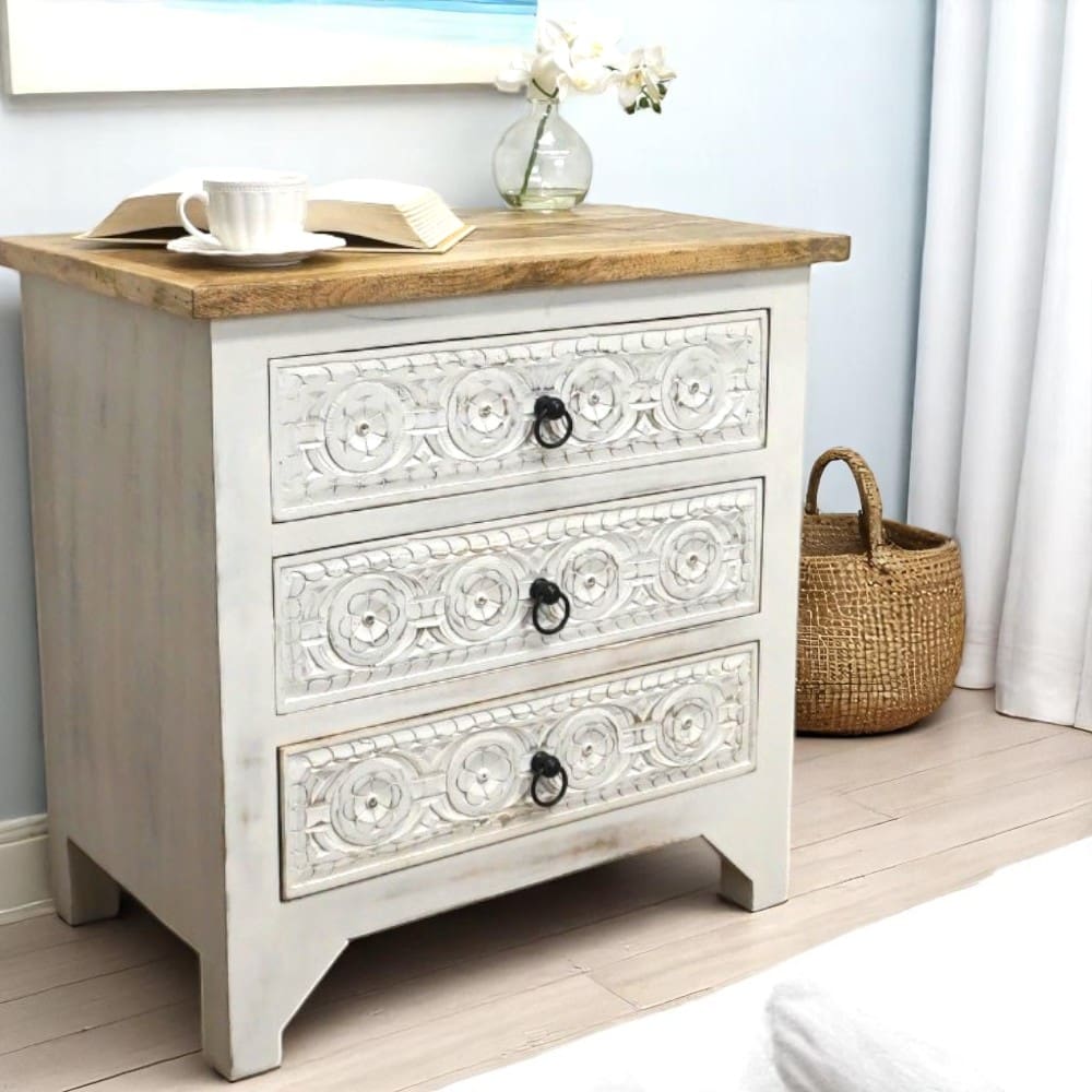 3-Drawer Natural/Whitewashed Side Table/Nightstand image 0