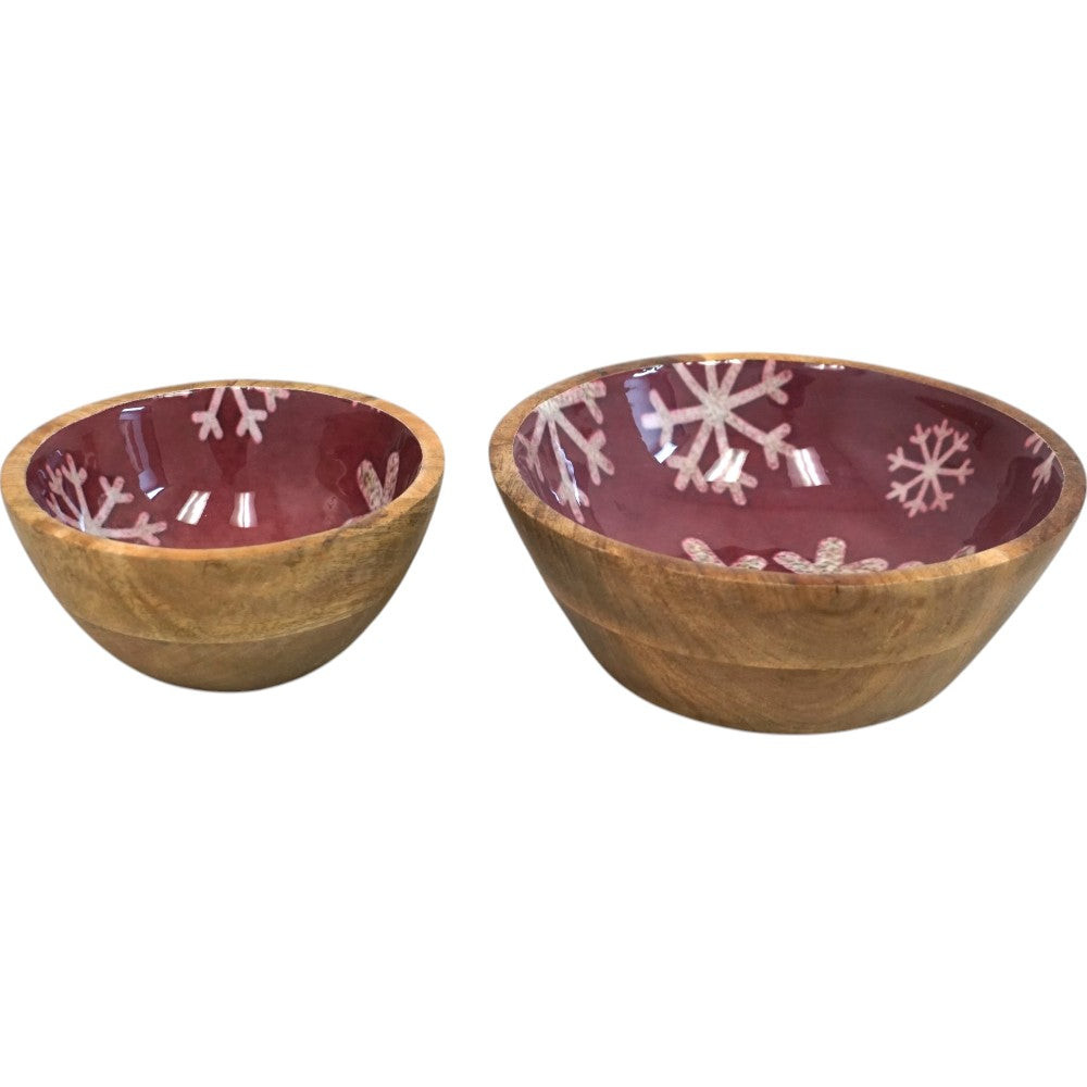 Set of 2 Winter Bowls in Natural Wood with Red and White Enamel image 3