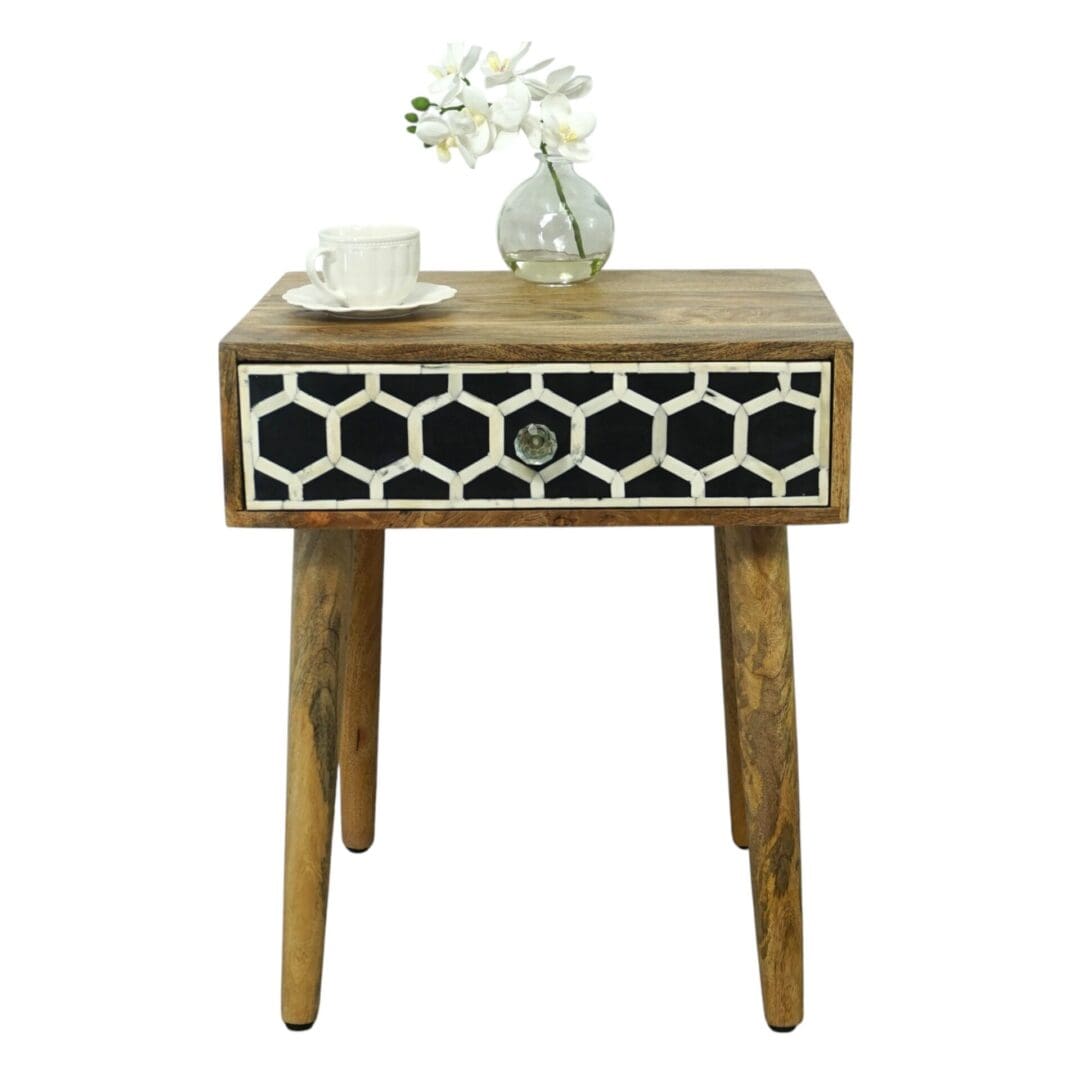 Hand Crafted Solid Wood Side Table with Bone Inlay Drawer image 8
