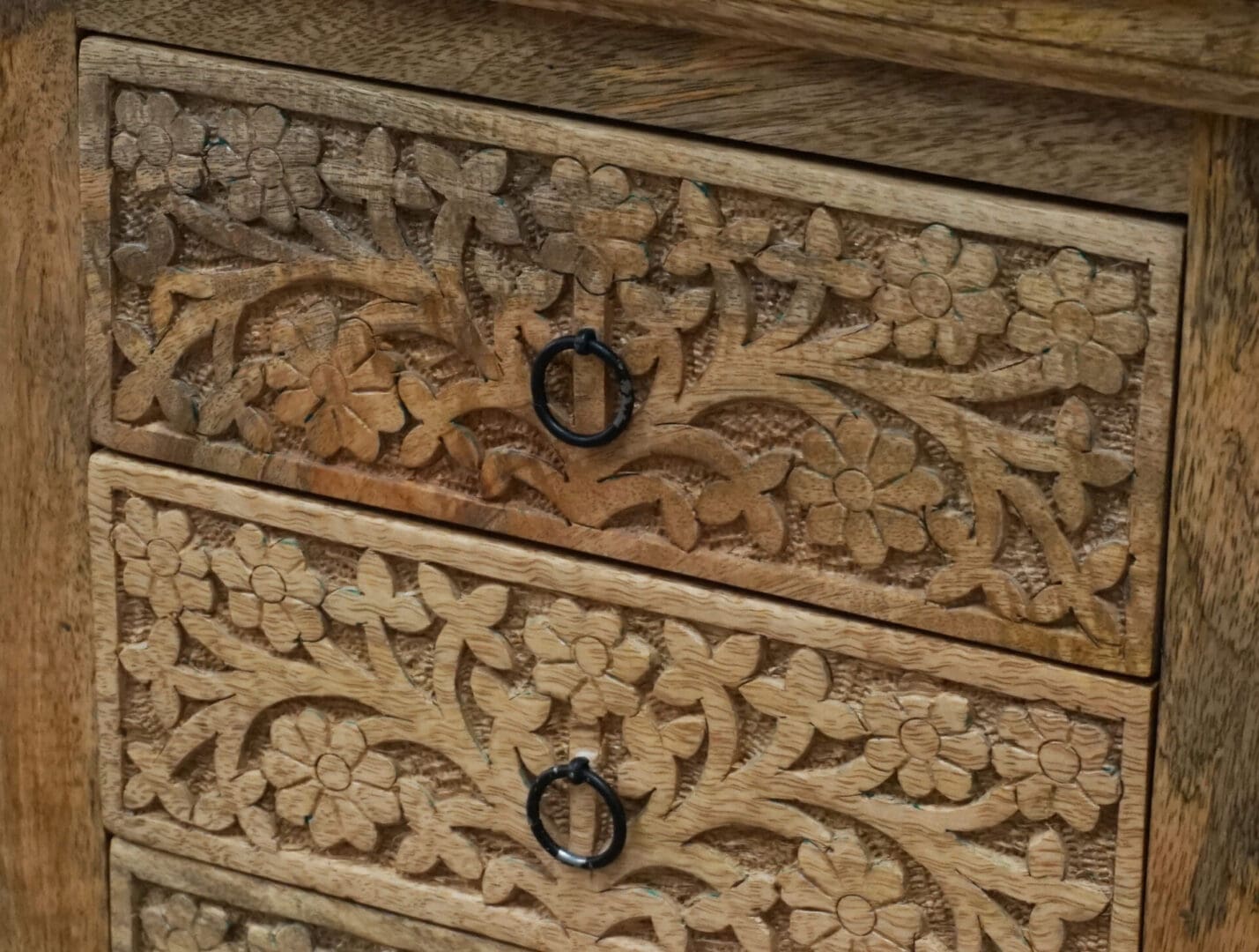 Natural Wood Nightstand Intricate Hand Carved 3 Drawers image 6