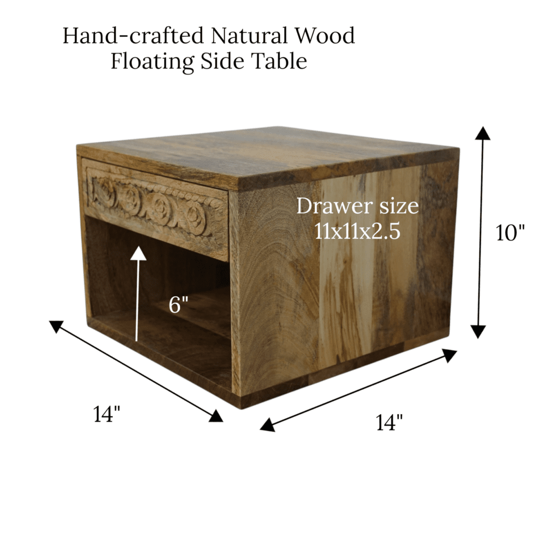 Hand Carved Mango Wood Floating Nightstand Natural Wood image 7