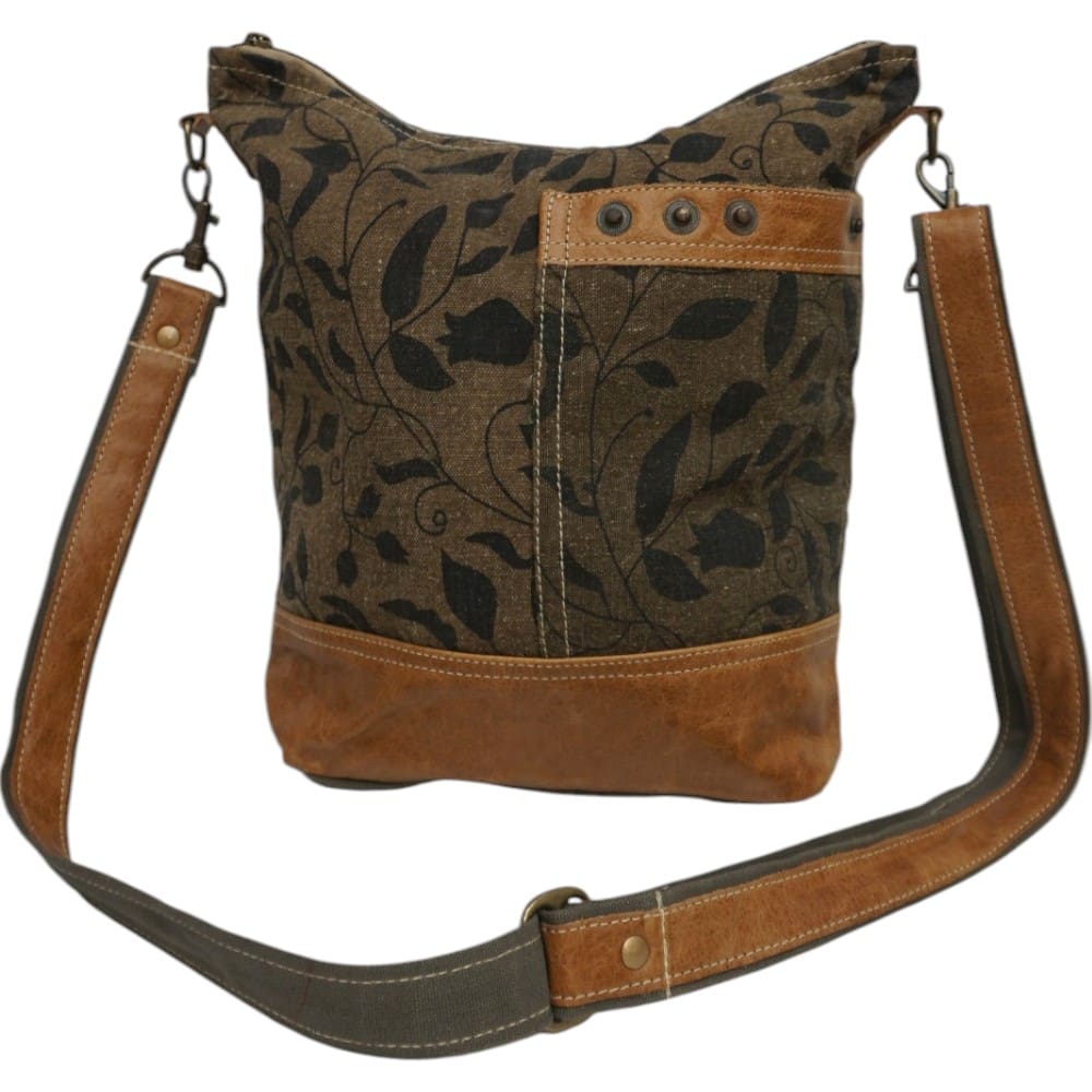 Cotton Canvas and Leather Floral Khaki Green Crossbody Bag image 1