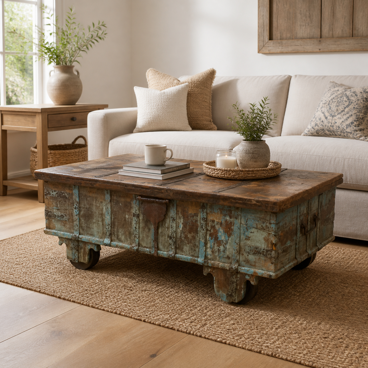 Handcrafted Large Reclaimed Wood Trunk Coffee Table | Storage & Wooden Wheels