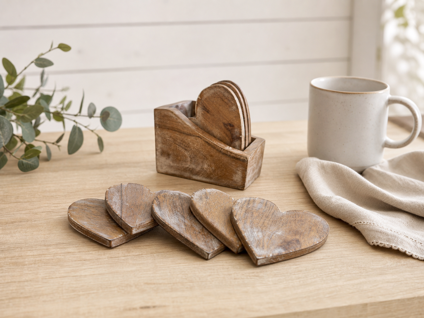 Handmade Mango Wood Heart Coasters | Set of 4 with Holder | Natural Wood Gift & Home Decor