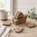 Handmade Mango Wood Heart Coasters | Set of 4 with Holder | Natural Wood Gift & Home Decor