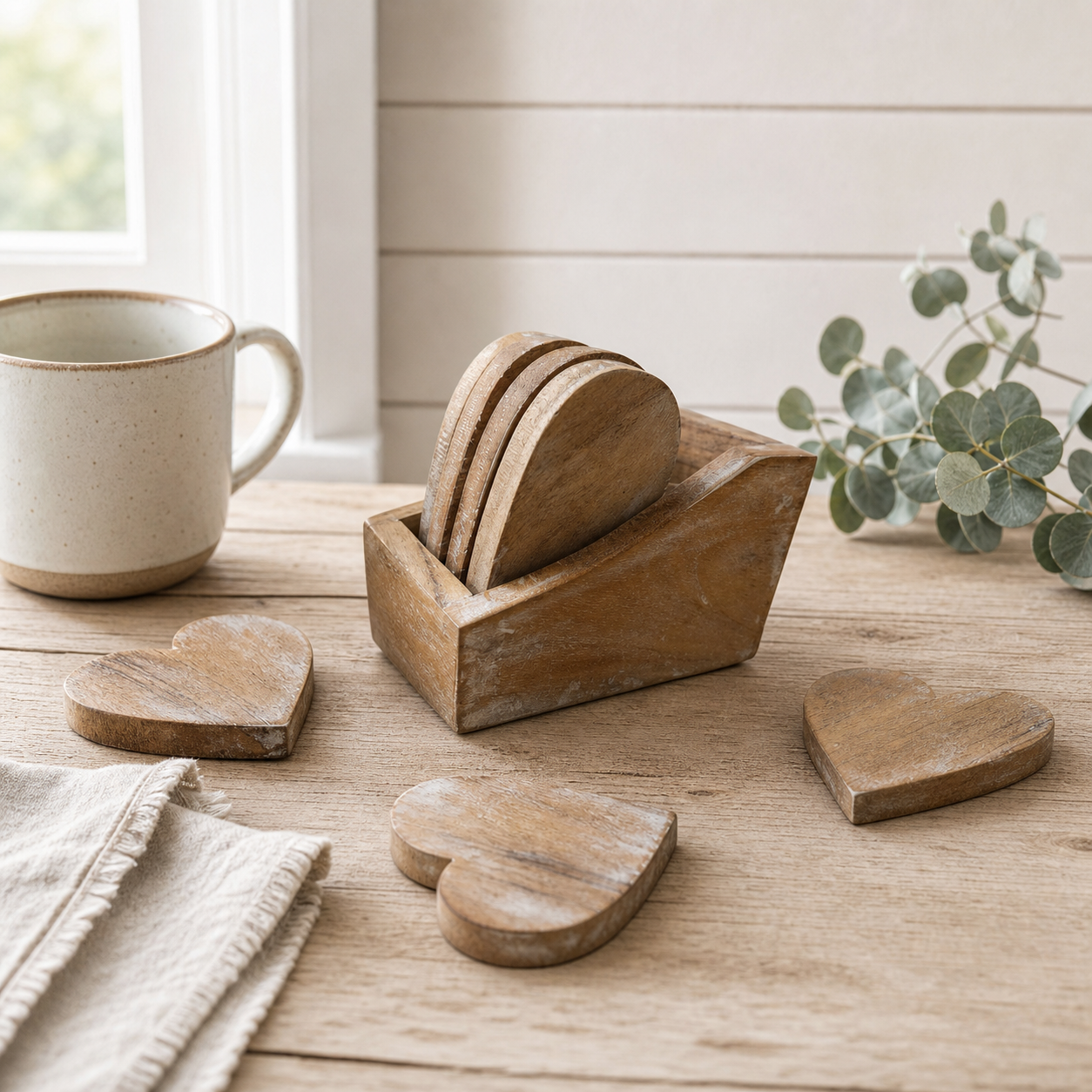 Handmade Mango Wood Heart Coasters | Set of 4 with Holder | Natural Wood Gift & Home Decor