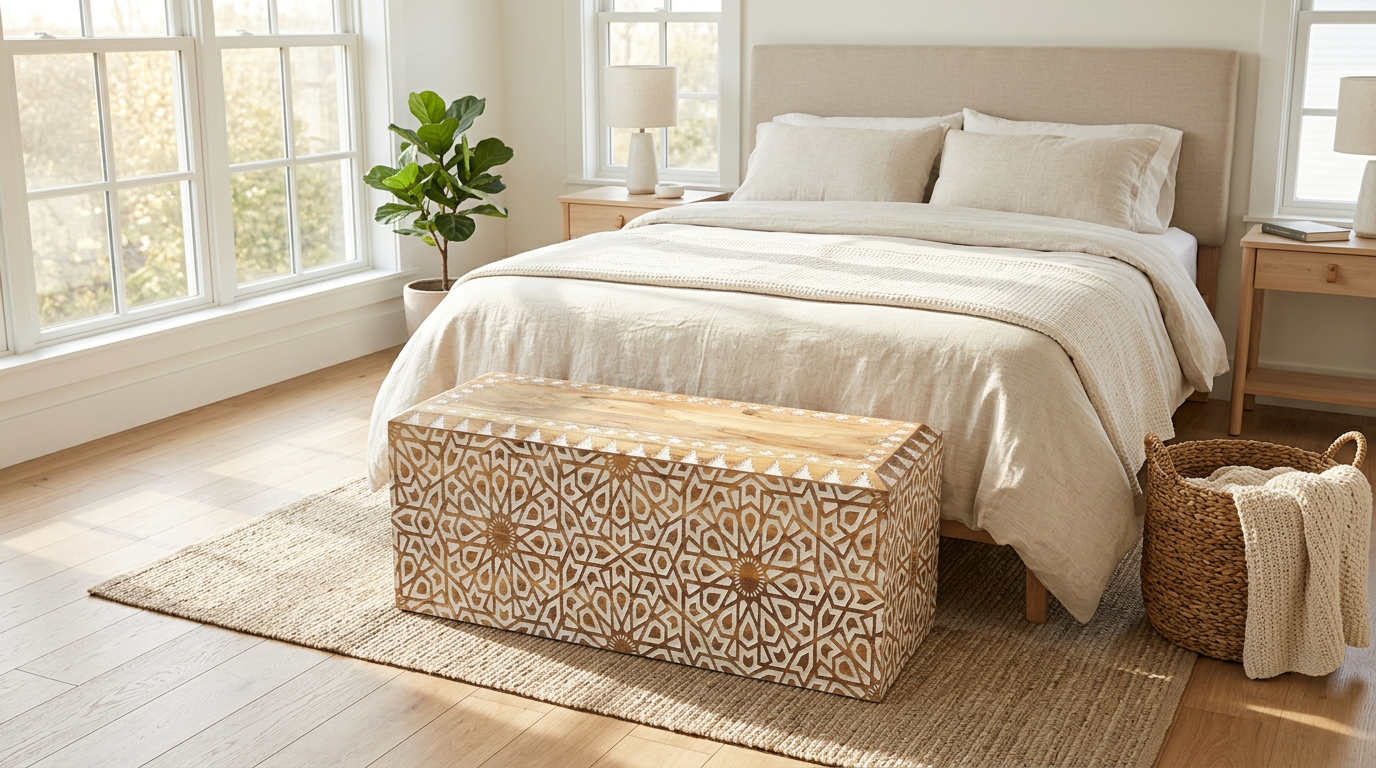 Set of 2 Hand-Carved Geometric Mango Wood Nightstands | Whitewash Finish & Fully Assembled
