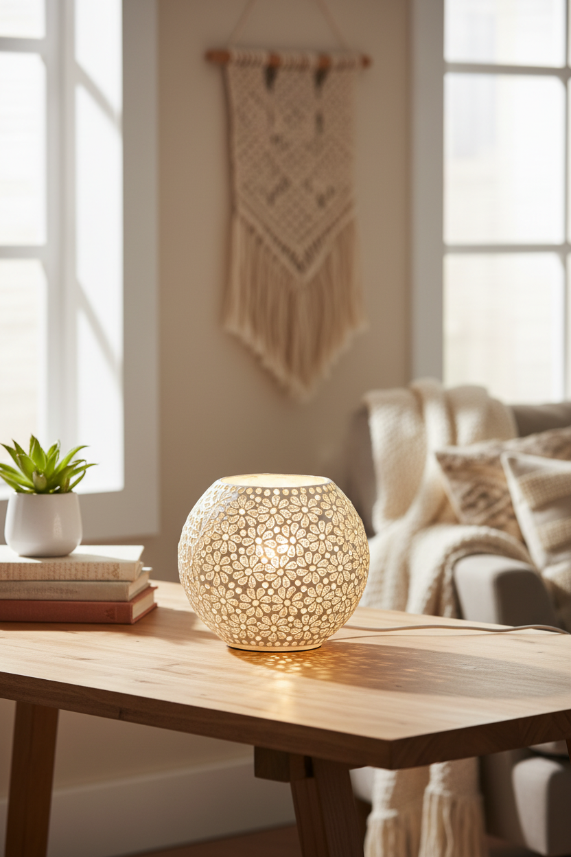 Small round white glass table lamp on a natural wood desk in a bright airy living room