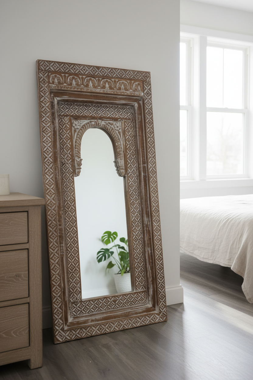 Large ornate handcarved wooden temple-style floor mirror leaning against a wall in a bright boho bedroom