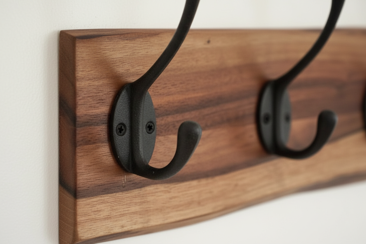 Close-up detail of live edge acacia wood coat rack hook and natural wood grain texture