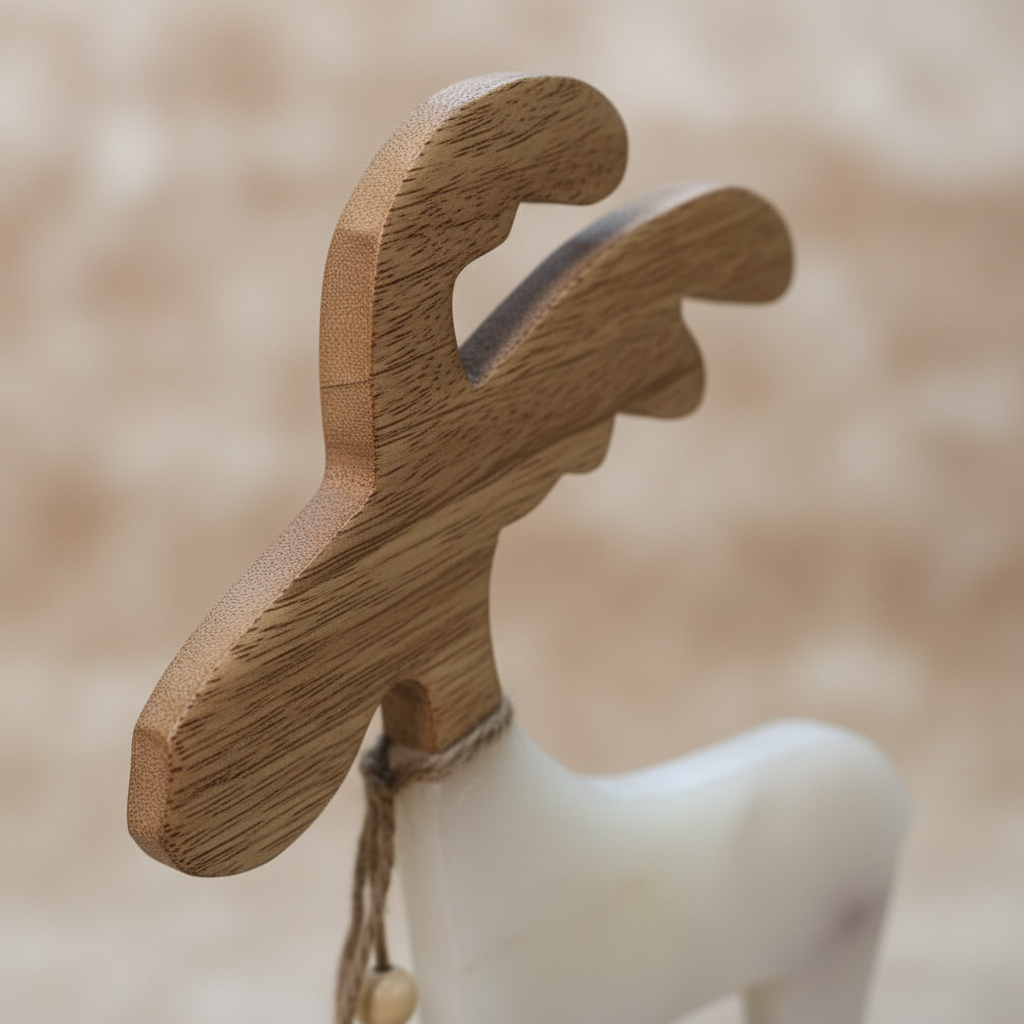 Close-up of decorative carved wooden deer accent sculpture showing intricate wood carving detail and grain texture