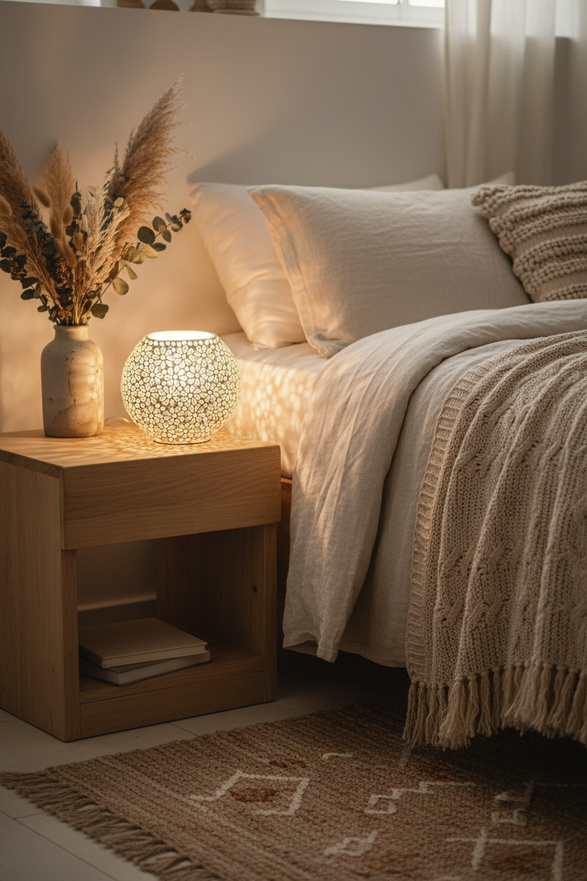Small round white glass table lamp glowing warmly on a natural wood nightstand in a cozy boho bedroom