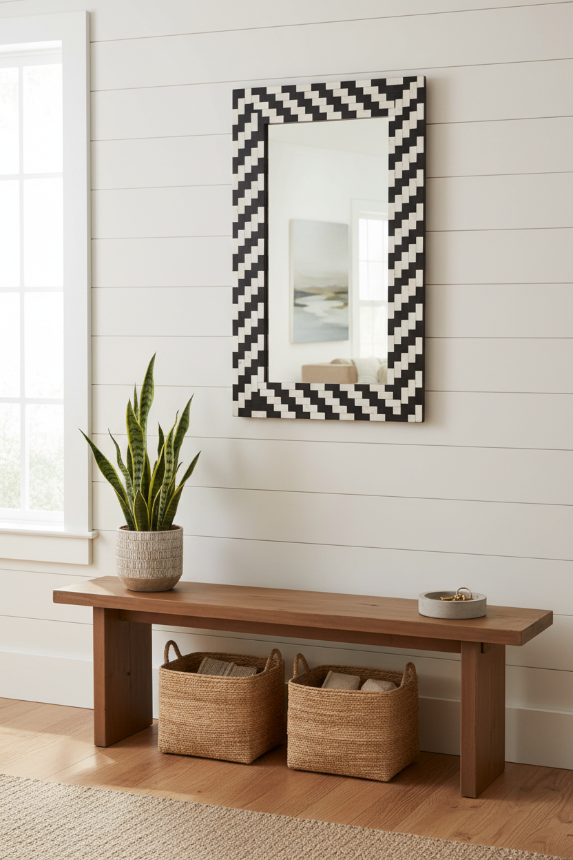 Black and white bone inlay accent mirror hung in a bright hallway with natural wood floor and console table