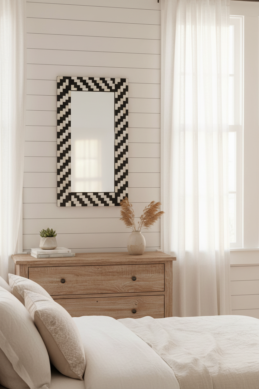 Black and white bone inlay accent mirror front view in a bright sunny boho bedroom with linen bedding and natural wood furniture
