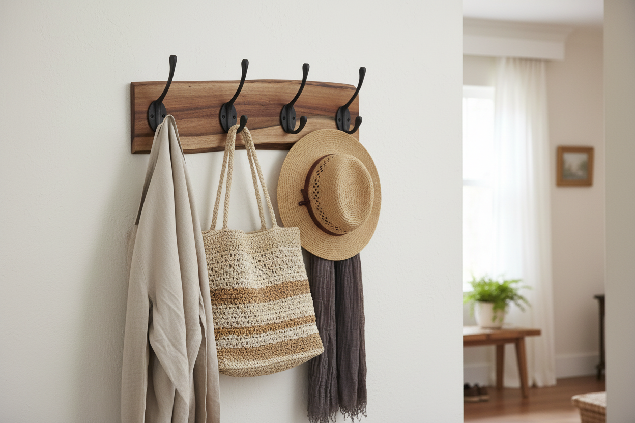 Live edge acacia wood coat rack styled in warm entryway with linen coat, woven bag and hat