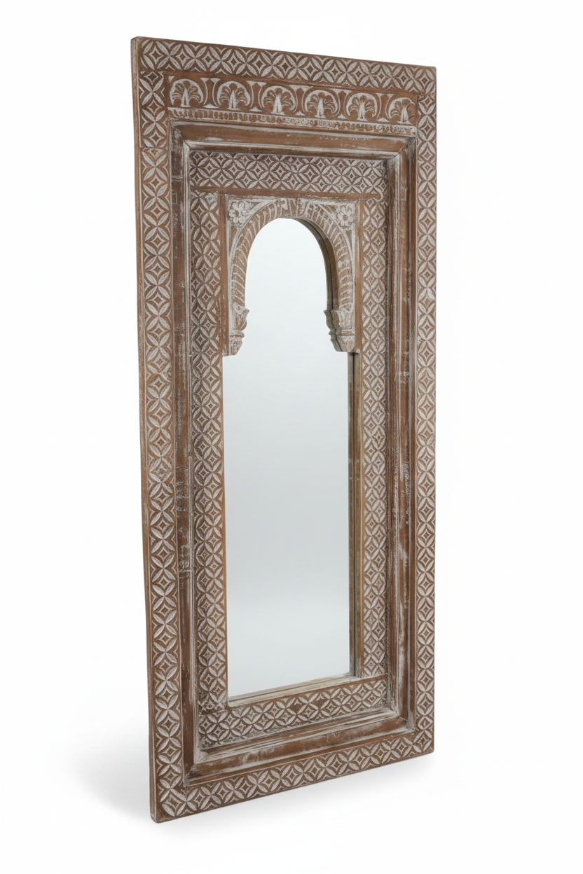 Large ornate handcarved wooden temple-style floor mirror on white background with plain mirror glass