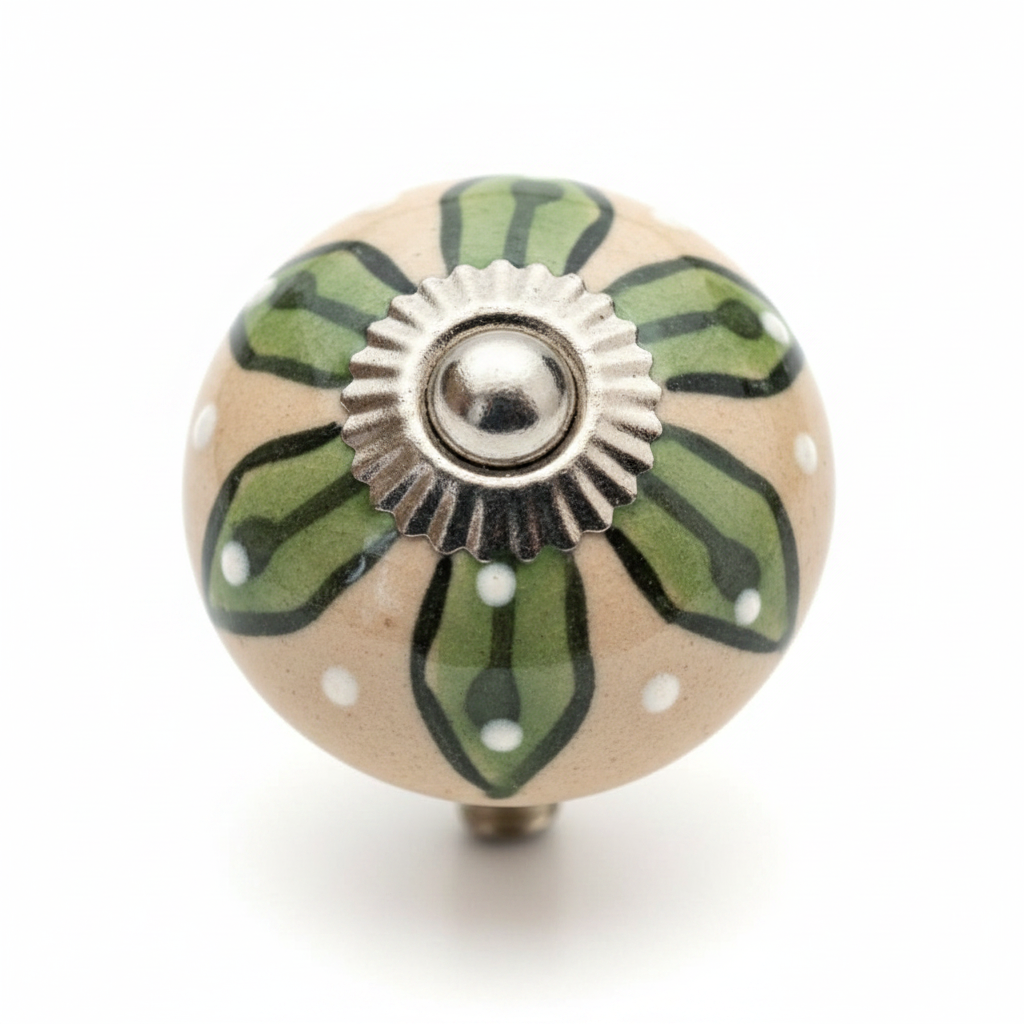 Close-up macro of hand-painted ceramic drawer handle showing boho painted detail and glaze texture