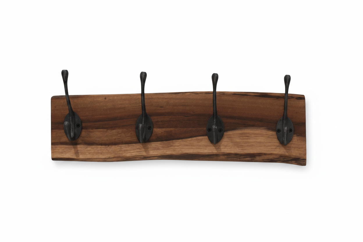 Live edge acacia wood wall-mounted coat rack with 4 hooks on white background