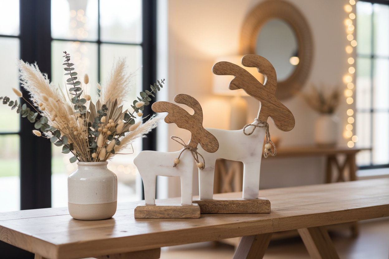 Decorative carved wooden deer accent sculpture styled on a natural wood console table in a warm boho entryway
