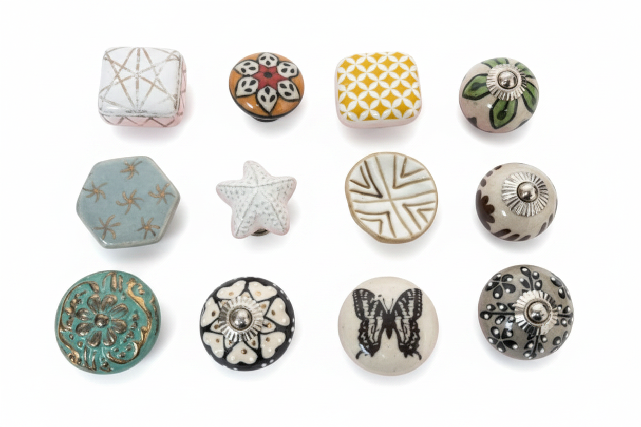 Hand-painted ceramic drawer handles in boho and vintage styles on white background grid layout