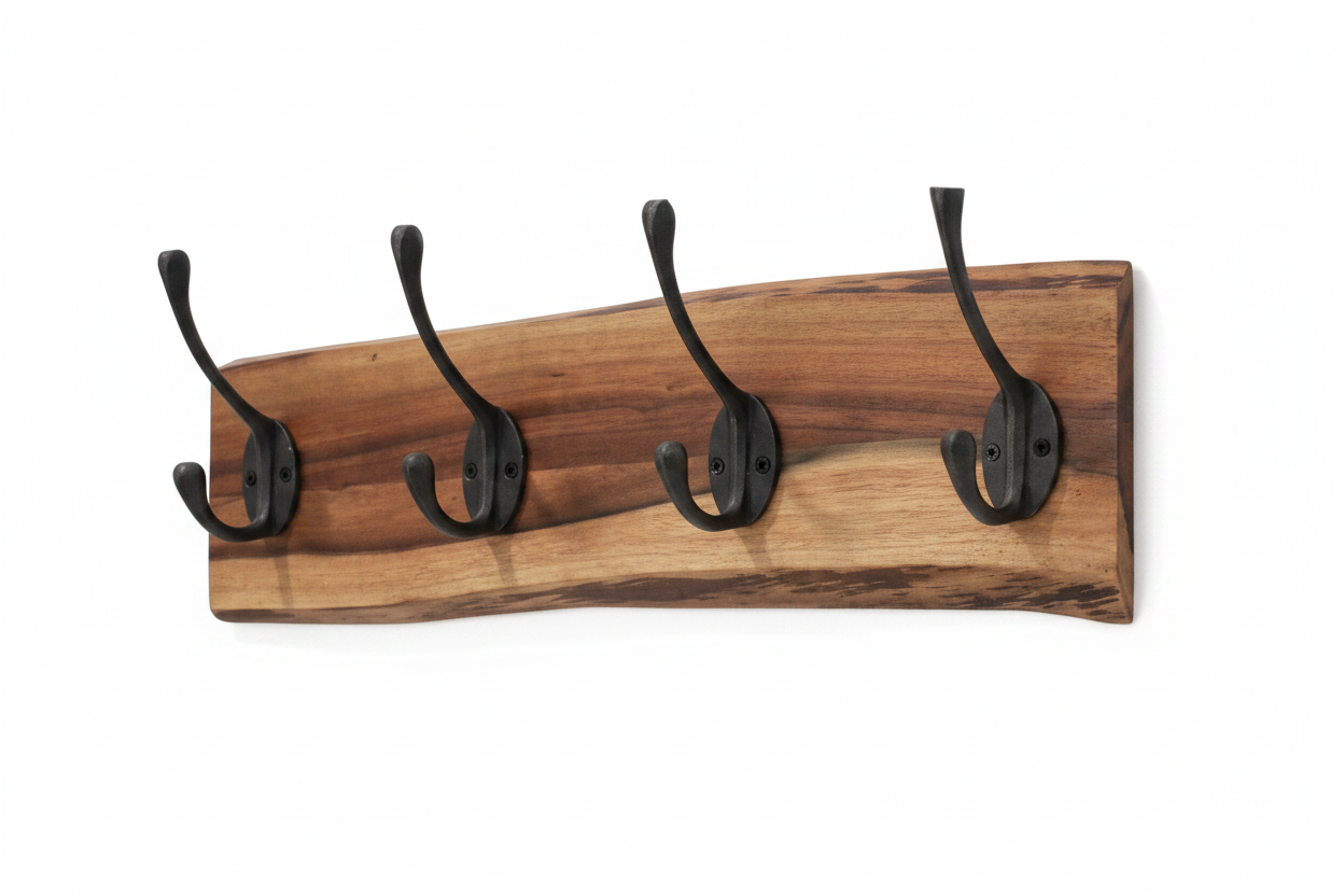 Live edge acacia wood wall-mounted coat rack with hooks on white background