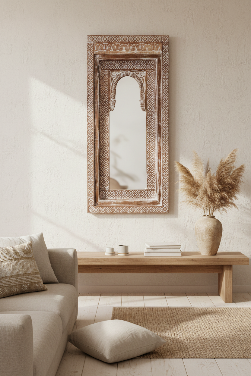 Handmade temple-style wall mirror with ornate carved wooden frame styled in a bright boho living room