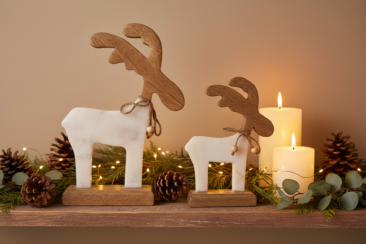 Decorative carved wooden deer accent sculpture in a cozy festive holiday vignette with pinecones and candles