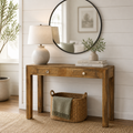 Hand-Carved Mango Wood Console Table | 2 Drawers & Natural Wood Finish