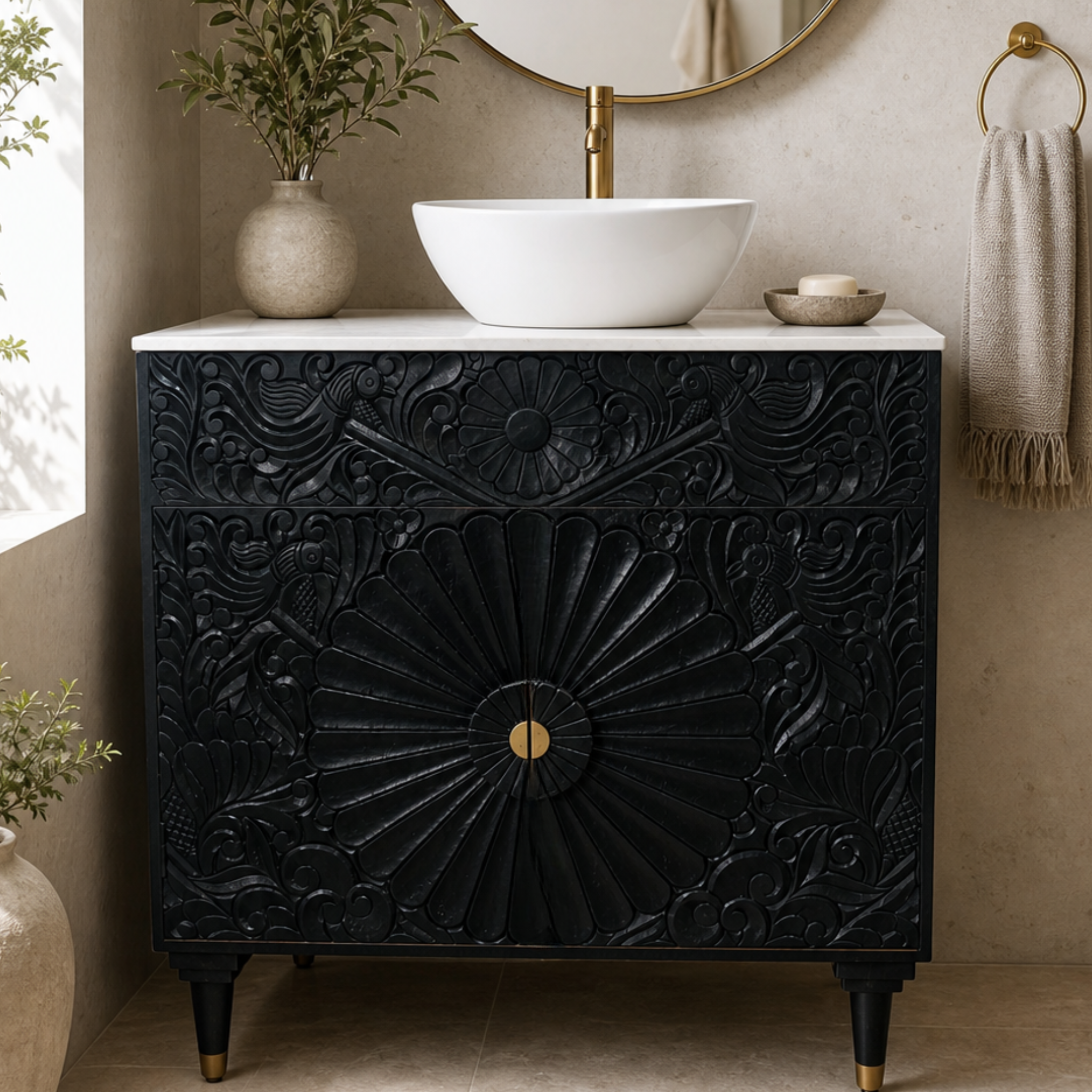 Hand-Carved Black Mango Wood Bathroom Vanity | Marble Top & Brass Accents