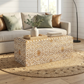 Handmade Mango Wood Coffee Table | Hand-Carved White Highlights | 46" Natural Wood | Living Room