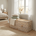 Handmade Mango Wood Bedroom Table | Hand-Carved White Highlights | 46" Natural Wood |