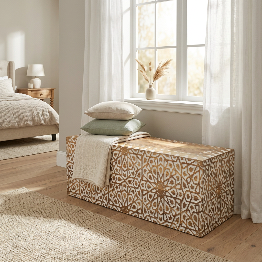 Handmade Mango Wood Bedroom Table | Hand-Carved White Highlights | 46" Natural Wood |