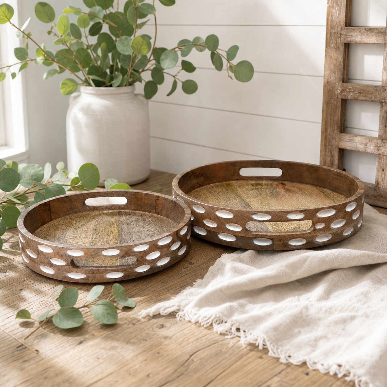 Handcrafted Solid Mango Wood Serving Tray Set of Two | Oval Pattern & White Banding