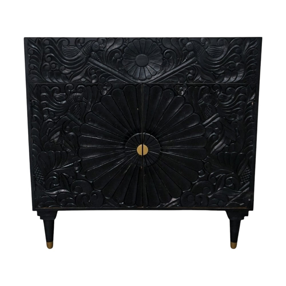 Black Bathroom Vanity Hand-Carved with Marble Top and Basin