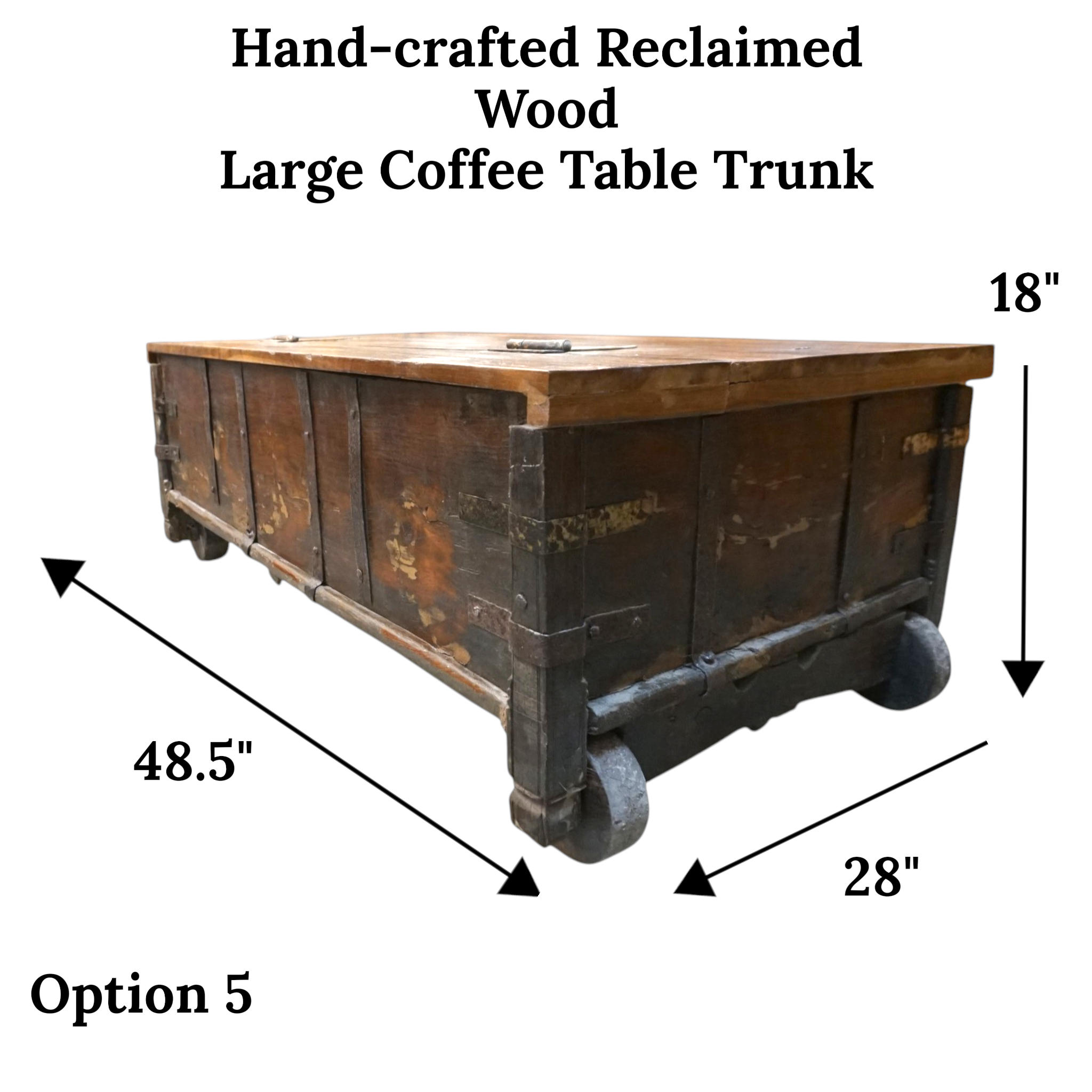 Handcrafted Large Reclaimed Wood Trunk Coffee Table | Storage & Wooden Wheels