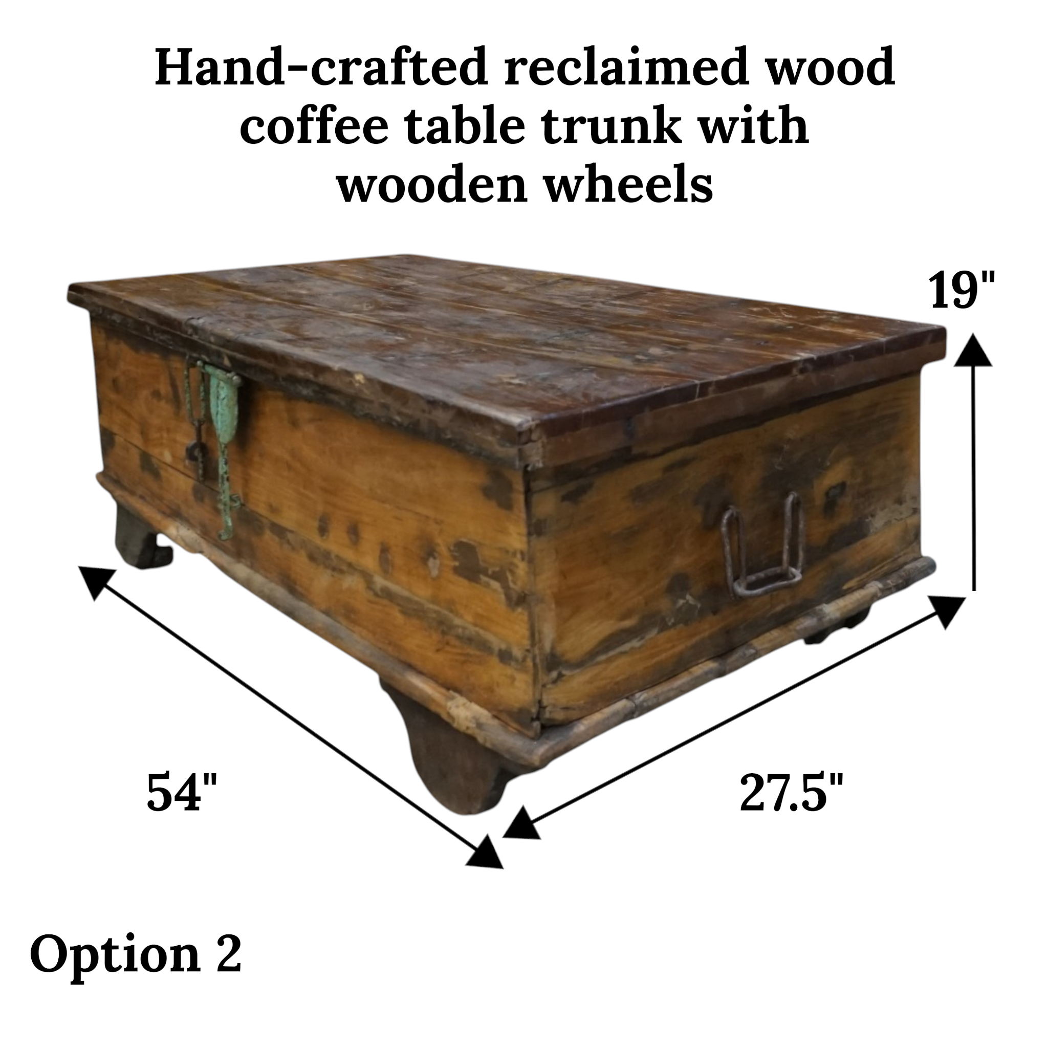 Handcrafted Large Reclaimed Wood Trunk Coffee Table | Storage & Wooden Wheels