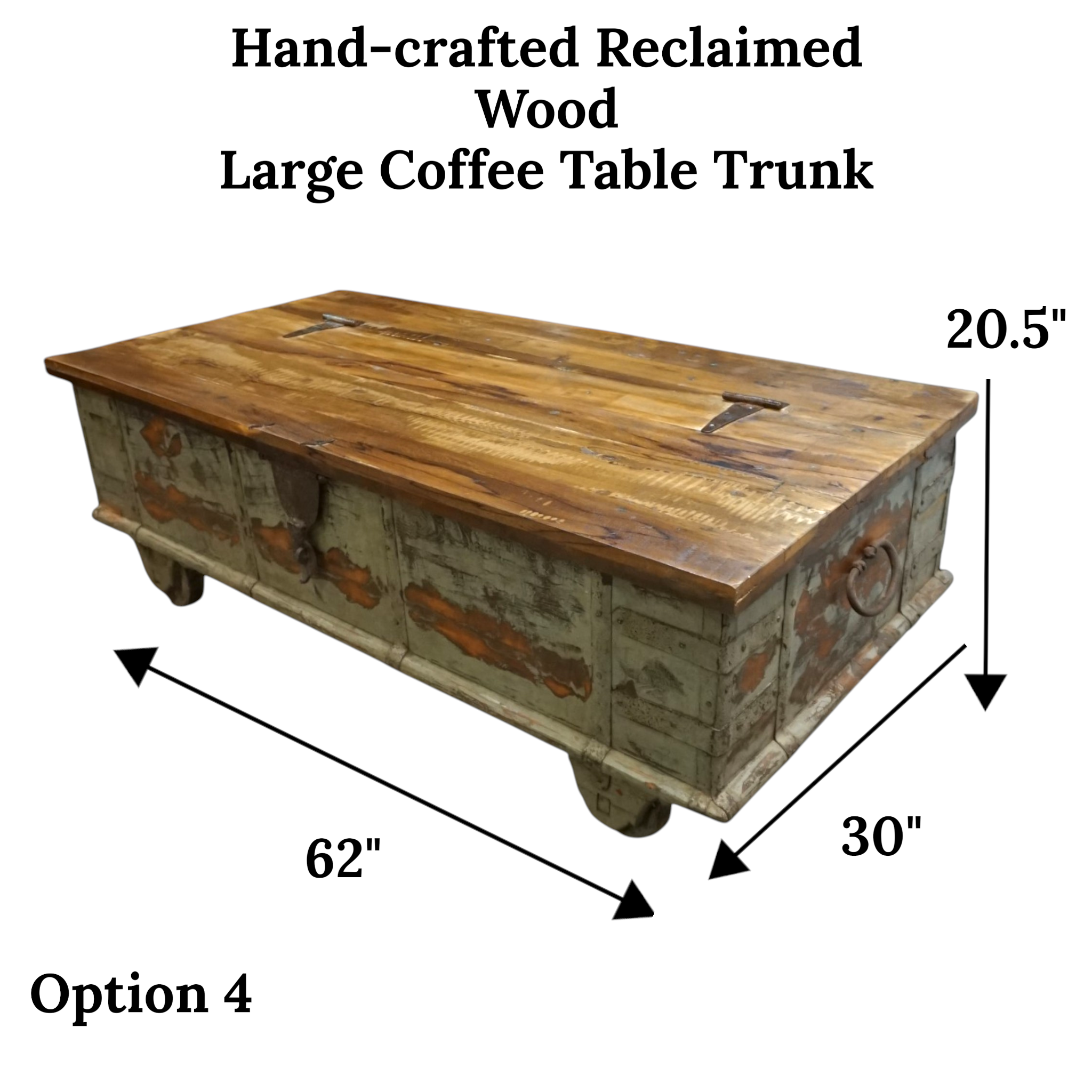Handcrafted Large Reclaimed Wood Trunk Coffee Table | Storage & Wooden Wheels