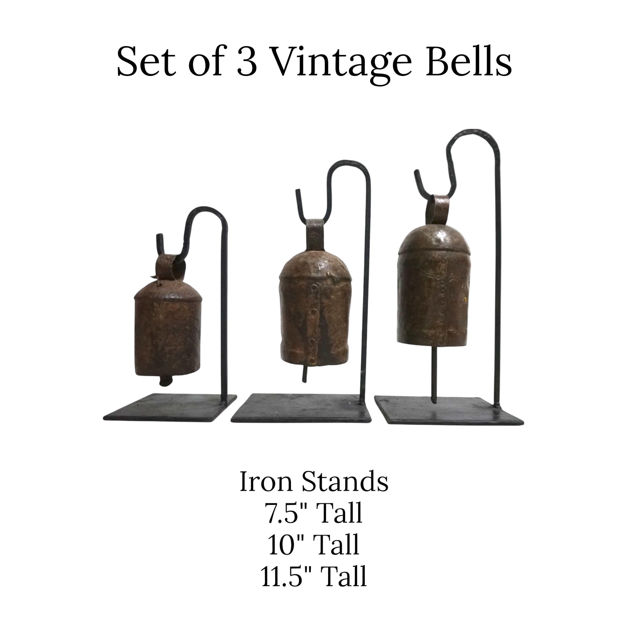 Handcrafted Set of 3 Vintage Bells on Iron Stands | Rustic & Artisan Home Decor