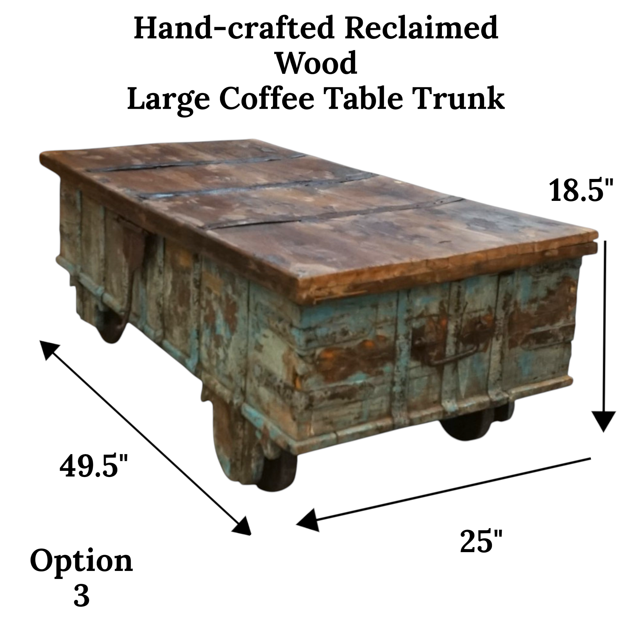 Handcrafted Large Reclaimed Wood Trunk Coffee Table | Storage & Wooden Wheels