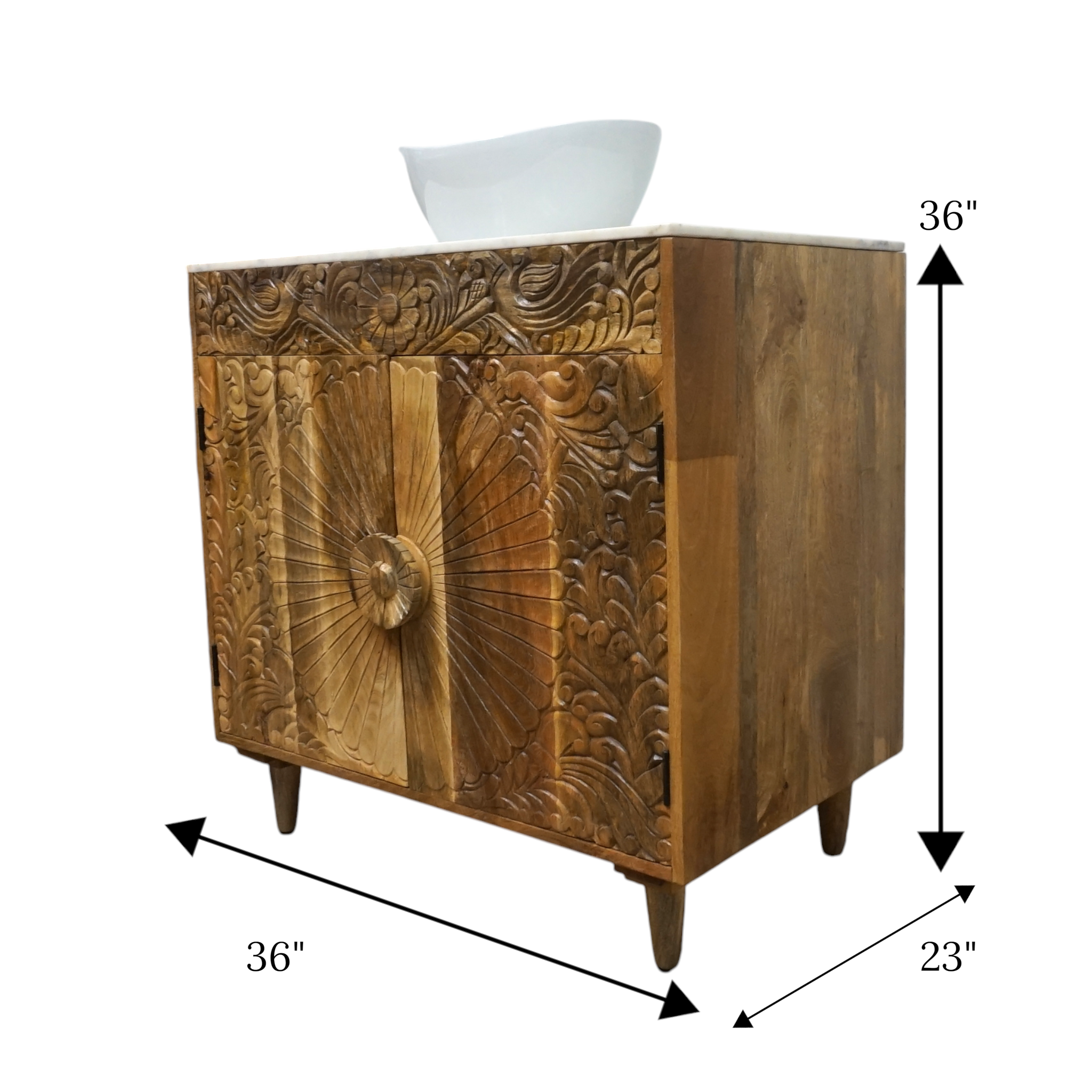 Natural Wood Bathroom Vanity Hand-Carved with Marble Top and Basin