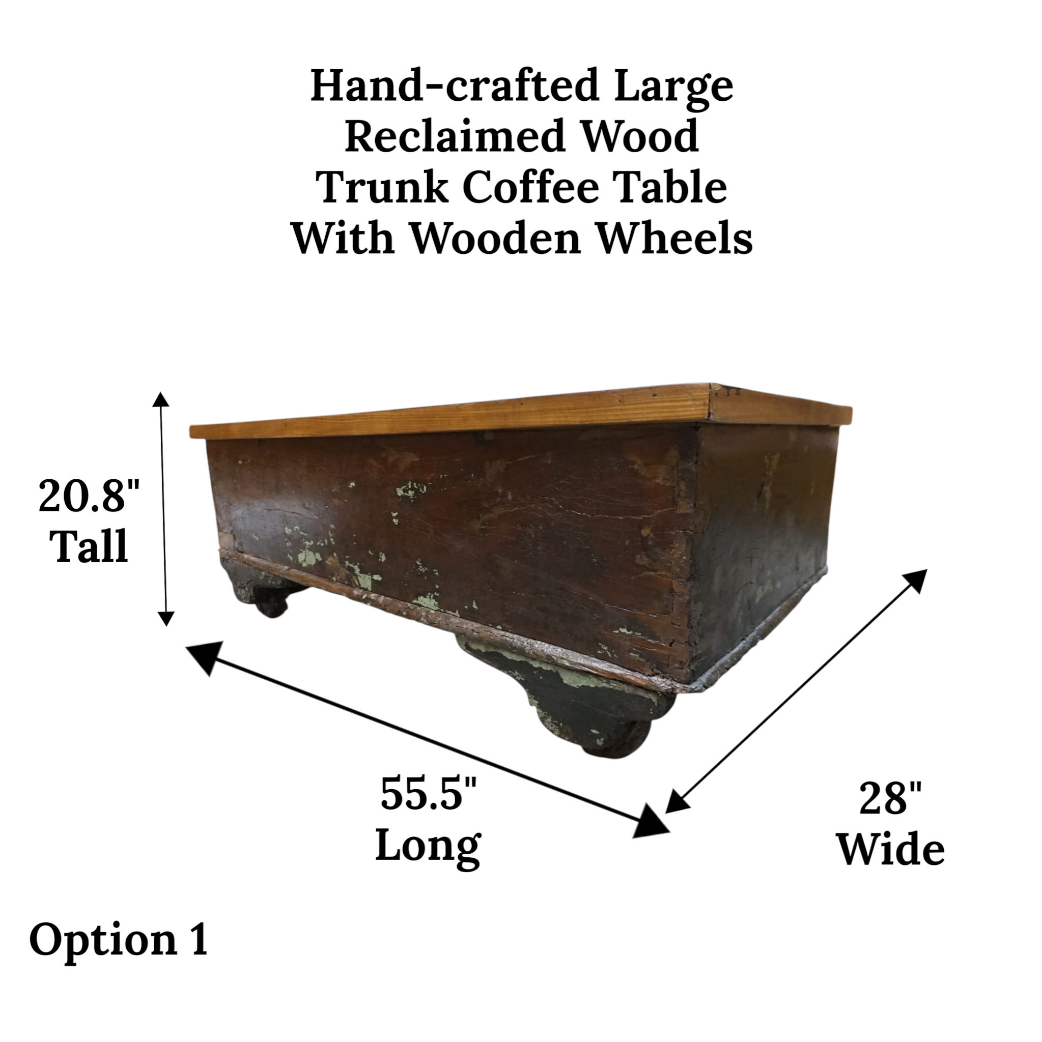 Handcrafted Large Reclaimed Wood Trunk Coffee Table | Storage & Wooden Wheels