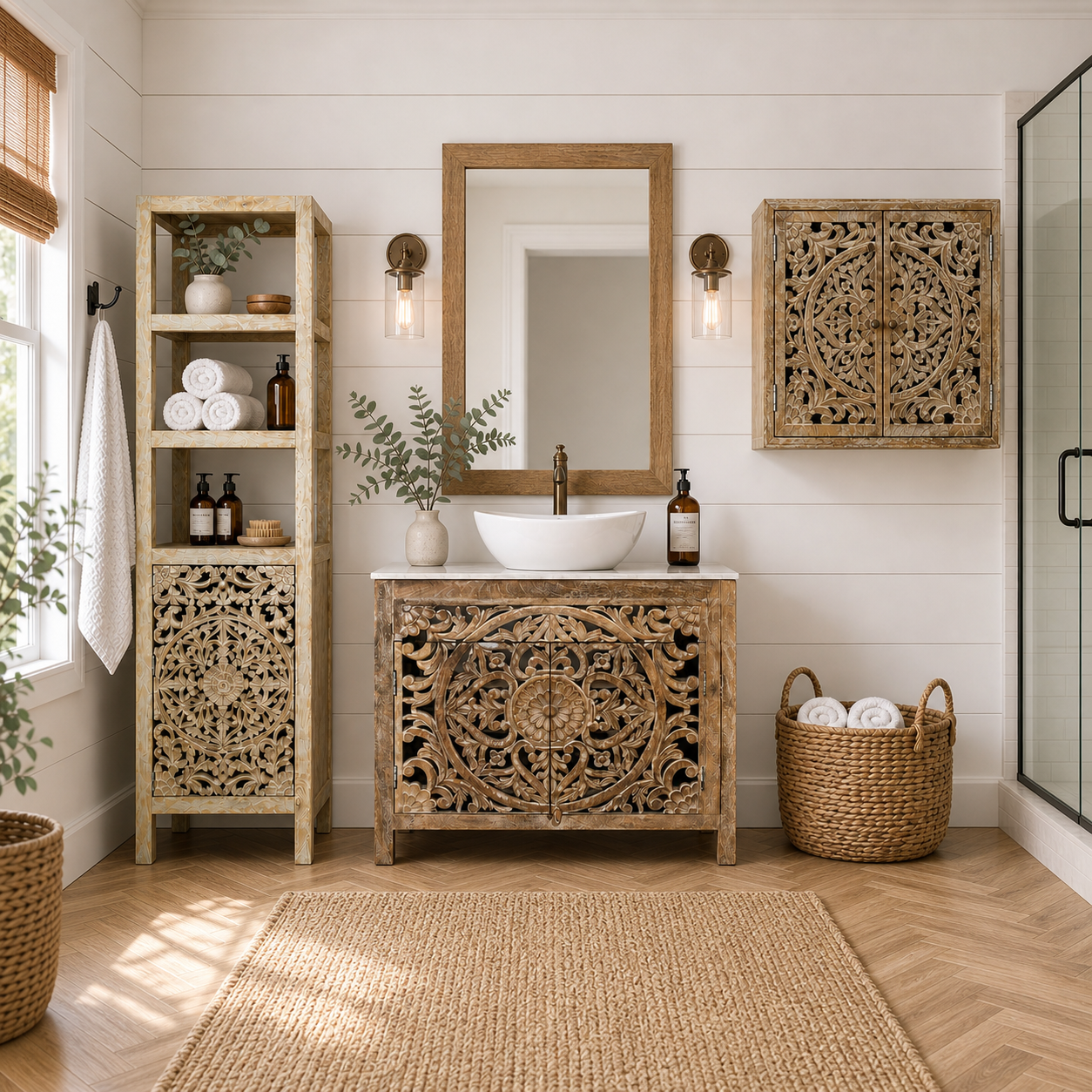 Handcrafted Mango Wood Bathroom Medicine Cabinet | Hand-Carved Cutout Doors
