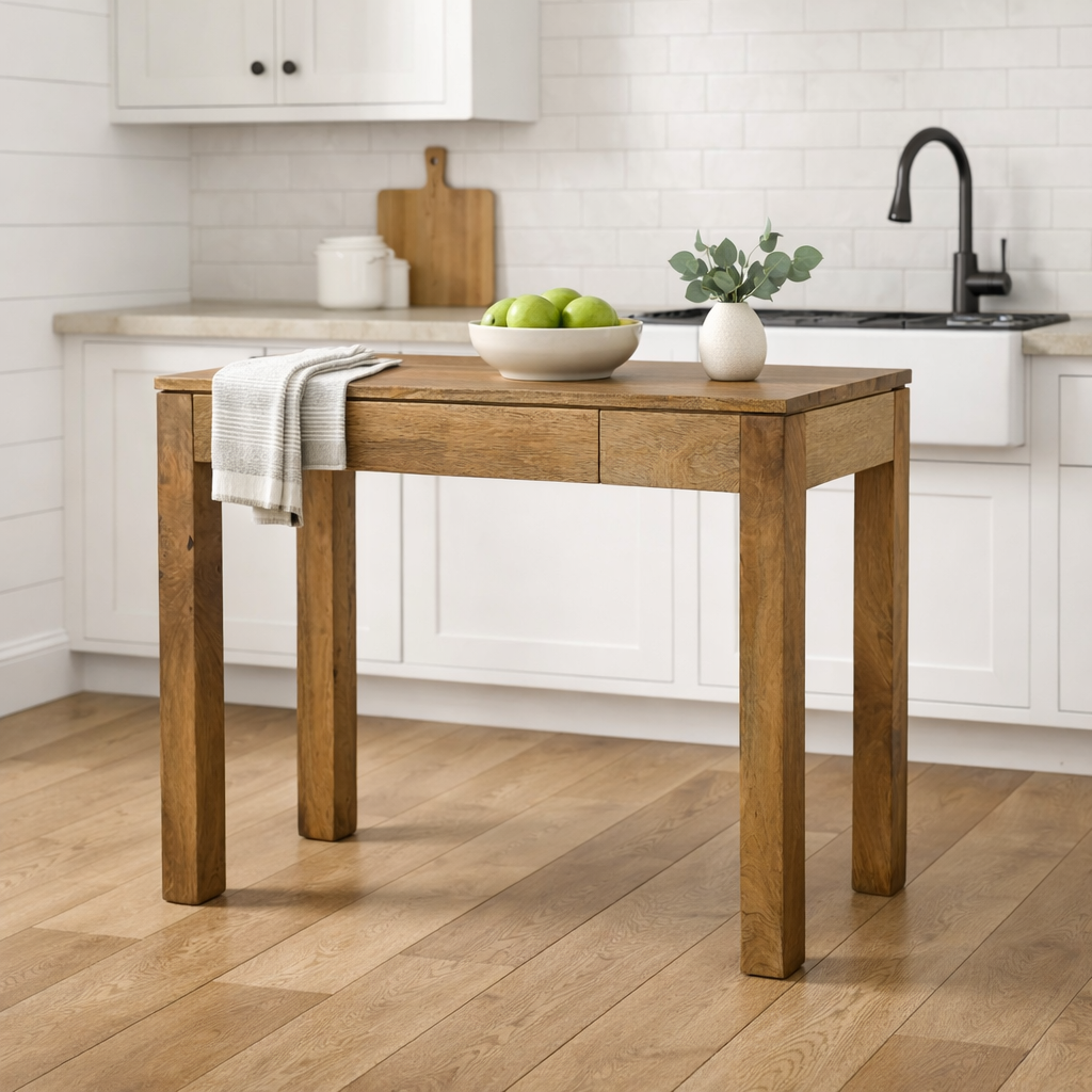 Solid Mango Wood Tall Console Table & Kitchen Island | Hidden Drawer & Natural Finish