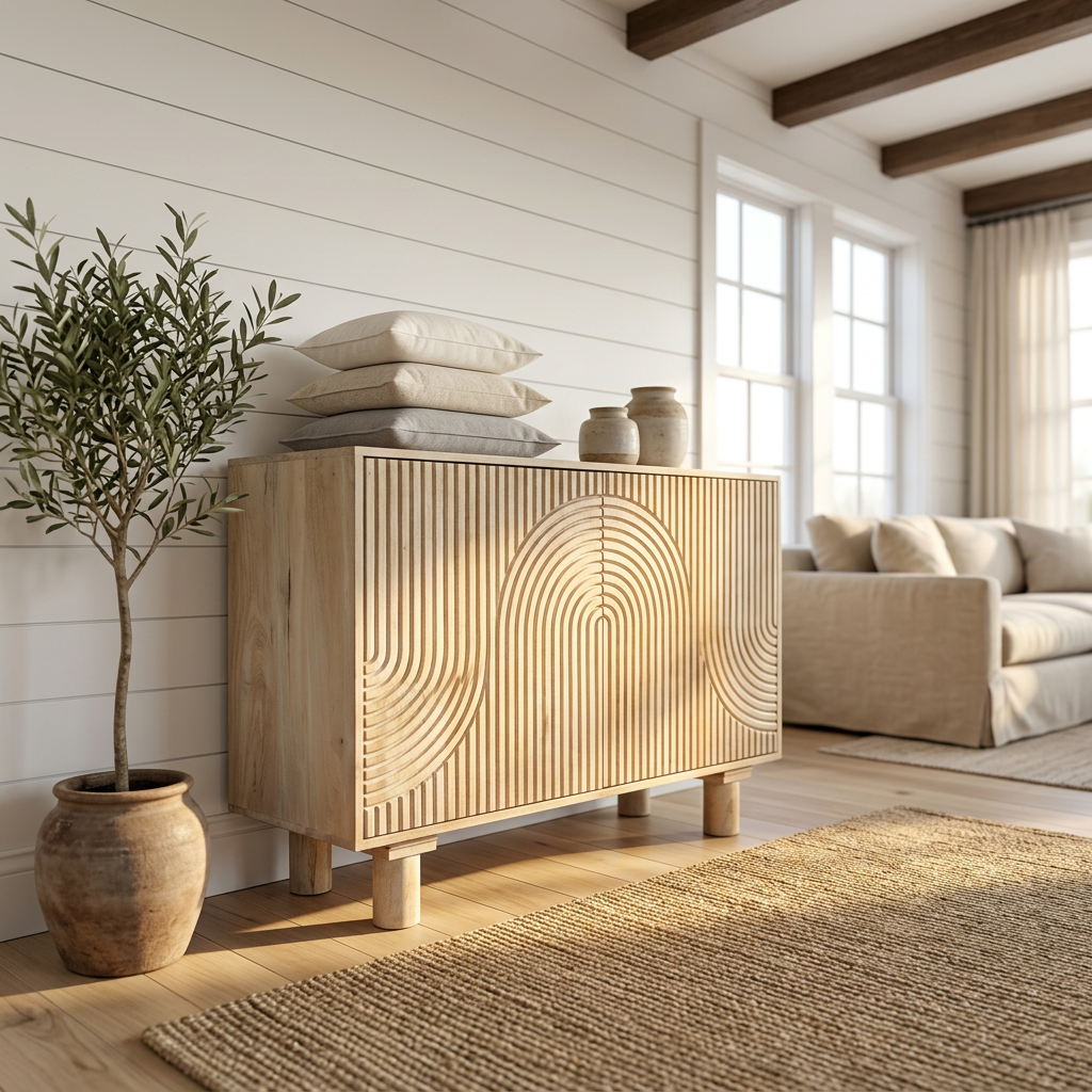 Handmade 47" Whitewashed Mango Wood Cabinet | Hand-carved Detail