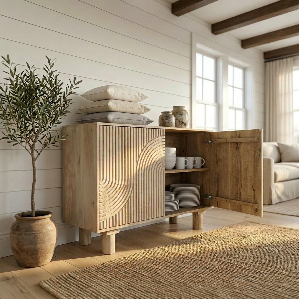 Handmade 47" Whitewashed Mango Wood Cabinet | Hand-carved Detail