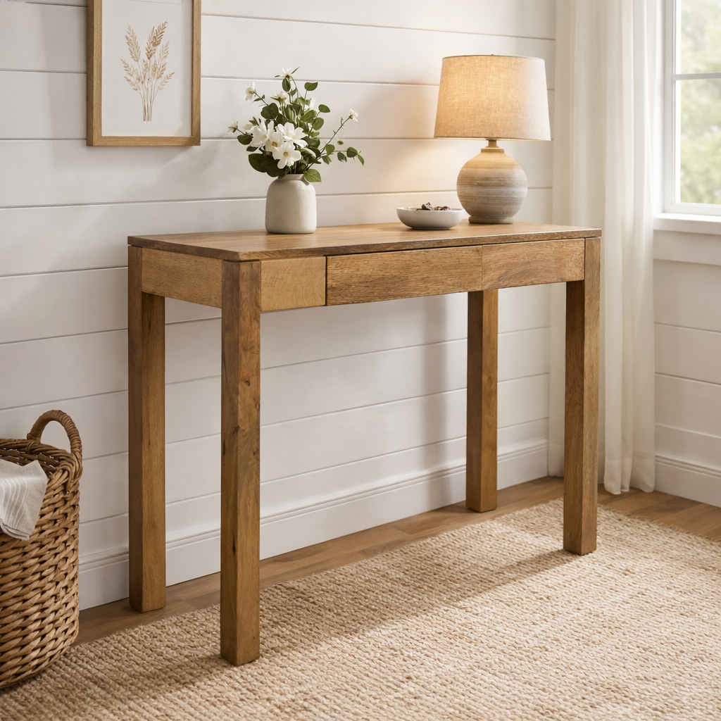Solid Mango Wood Tall Console Table & Kitchen Island | Hidden Drawer & Natural Finish
